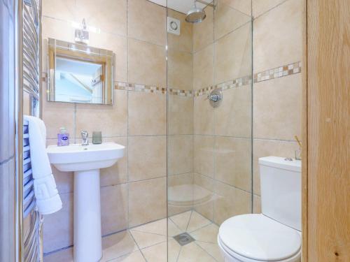 La salle de bains est pourvue d'une douche, de toilettes et d'un lavabo. dans l'établissement Limecroft, à Malham