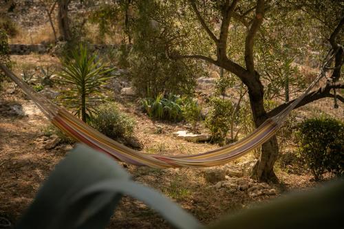 a hammock hanging from a tree in a forest at Apartman Silna your new home with terrace and garden in Bobovišća