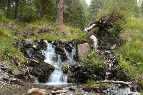 a waterfall on the side of a hill with trees at Almhütte Badstube in Patergassen
