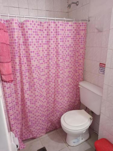 uma cortina de chuveiro rosa numa casa de banho com WC em Hospedaje El Turista. em Libertador General San Martín