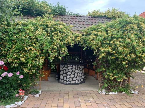 an arbor with a large pot of flowers in a garden at CASA LUI MOȘU in Alba Iulia