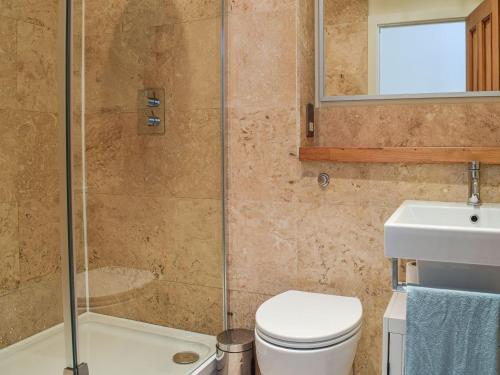 een badkamer met een douche, een toilet en een wastafel bij The Pad in Lillington