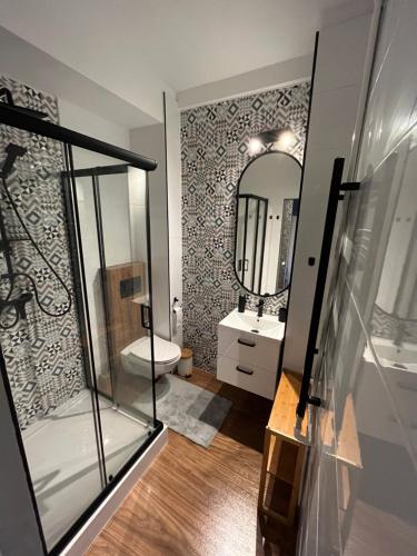 a bathroom with a toilet and a mirror at Apartament Cud Miód in Kościelisko