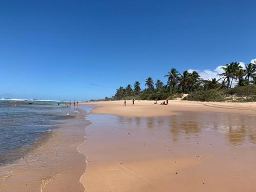 a beach with palm trees and people on it at Quarto particular na praia do flamengo in Salvador