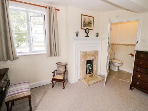 a living room with a fireplace and a toilet at Far Coley Farm and Kilnhurst Log Cabin in Stafford