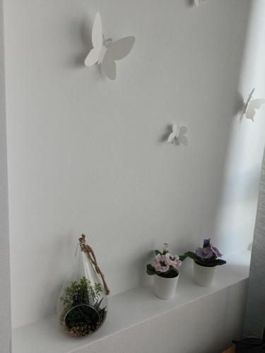 a white shelf with three potted plants on it at NEW - Frendly Luxury Apartment Franka Zagreb in Zagreb