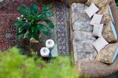 a couch with pillows and a plant on a rug at Palazzo Marziale in Sorrento