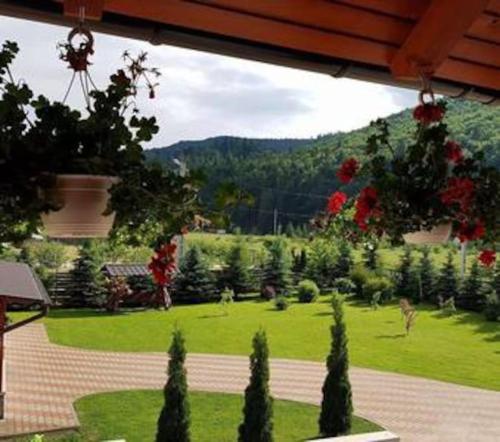 a view of a garden with a field of grass at Pensiunea Putnisoara in Putnişoara