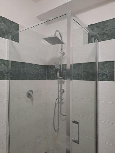 bagno con doccia e porta in vetro di La casa sul molo - Acquario a Genova