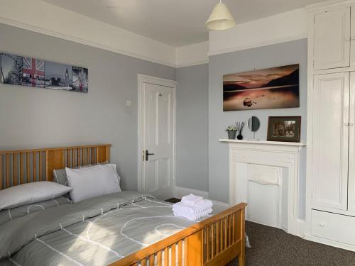 um quarto com uma cama e uma lareira em Cosy 2 bed flat in Baffins em Portsmouth