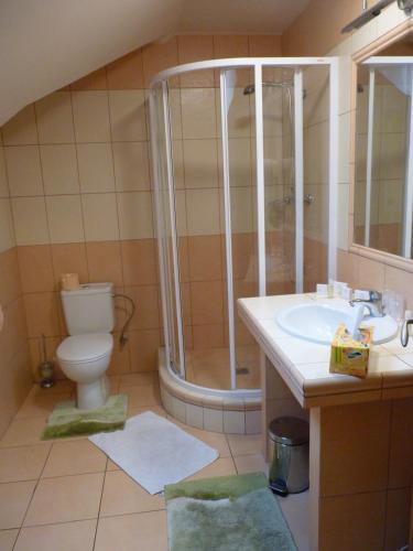 a bathroom with a shower and a toilet and a sink at Pensione Ristorante Moretti in Nitra