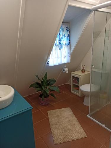 a bathroom with a shower and a toilet and a sink at Casa de campo, charme e aconchego em cond. fechado in Atibaia