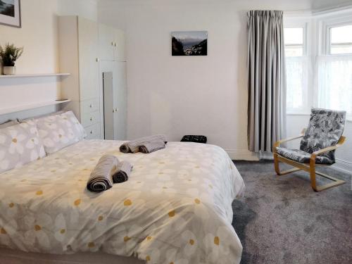 um quarto com uma cama grande com uma cadeira e uma janela em Kiwi Corner em Amble