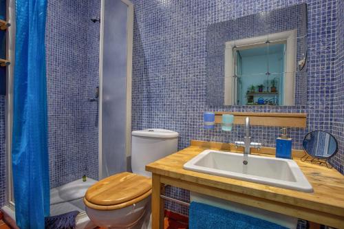 ein Badezimmer mit einem Waschbecken, einem WC und einem Spiegel in der Unterkunft The Bleu Lisbon Flat in Lissabon