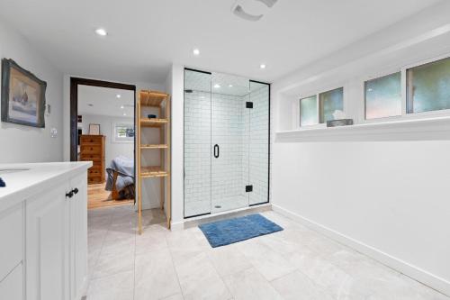 a kitchen with a shower and a glass door at Waldemar Charming Burlington lower level Apartment in Burlington
