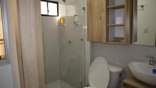 D'Rio Aparta estudios في ريوهاتشا: حمام مع دش مع مرحاض ومغسلة
