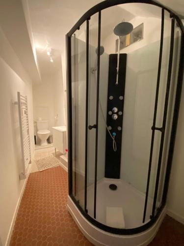 La salle de bains est pourvue d'une douche en verre et de toilettes. dans l'établissement Le Bohème, à Rouen