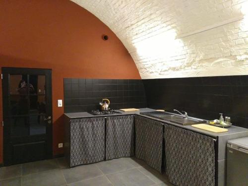 uma cozinha com um lavatório e um balcão com um fogão em La Poudrière : lieu insolite, havre de paix em Vielsalm