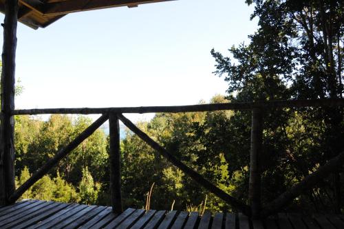 a view from the porch of a cabin with trees in the background at Cabañas Ecoturismo San Miguel in Queilén