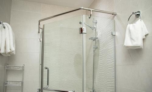 een douche met een glazen deur in de badkamer bij Bansal Villa with Private Pool in Ras al Khaimah