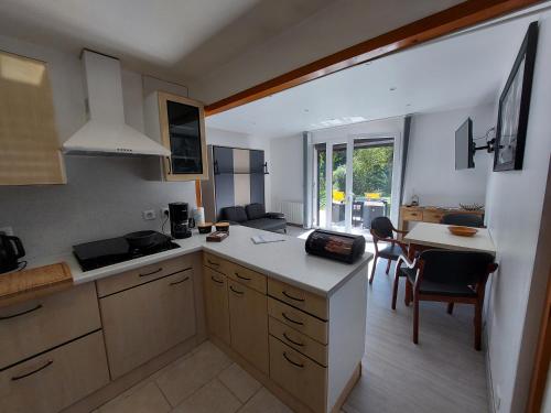 une cuisine avec un comptoir et une salle à manger avec une table dans l'établissement Centre St Jorioz : Charmant et spacieux studio avec terrasse et jardin privatif, à Saint-Jorioz