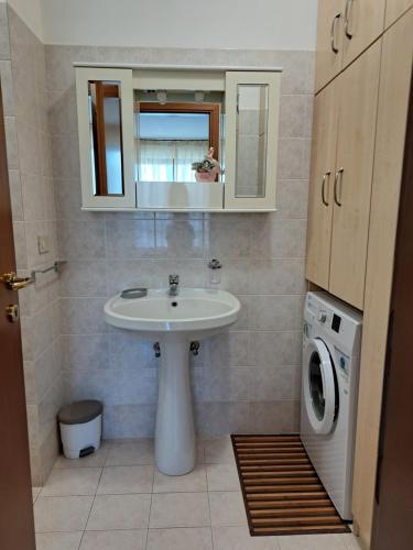 een badkamer met een wastafel en een wasmachine bij Apartament Thermae in Bagni San Filippo