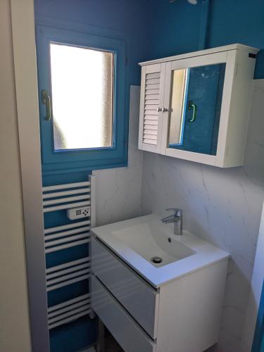 a bathroom with a white sink and a window at Résidence Vologne in La Bresse