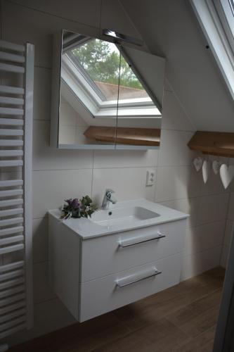a bathroom with a sink and a skylight at Keyserbosch-Hof in Neer