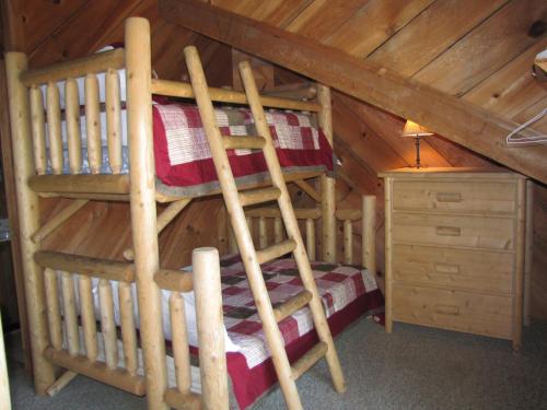 a bedroom with a bunk bed in a log cabin at Lodge at Bradley Mtn in Townsend