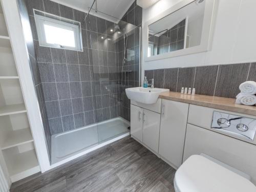 a bathroom with a shower and a sink and a toilet at Lodge 7 - The Earn in Perth