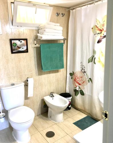 a bathroom with a toilet and a sink and a shower curtain at Sea and mountain view Room with pool- Habitación PISO COMPARTIDO para 1 persona in Benalmádena