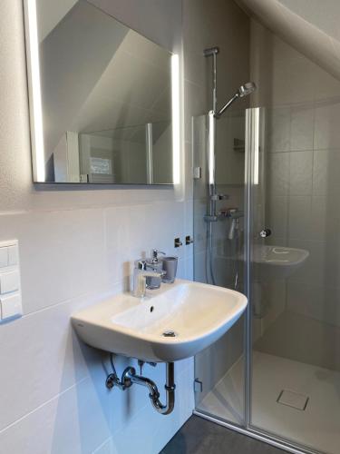 a white bathroom with a sink and a shower at Ferienwohnung Villa Fortuna in Pirna