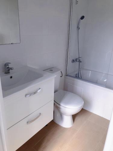 une salle de bain avec toilettes, lavabo et douche dans l'établissement petite maison avec jardin dans banlieue de Paris, à Cormeilles-en-Parisis
