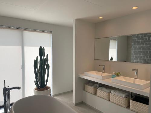 - Baño con 2 lavabos y cactus en Villa Mariso “貸別荘マリソ“, en Noma
