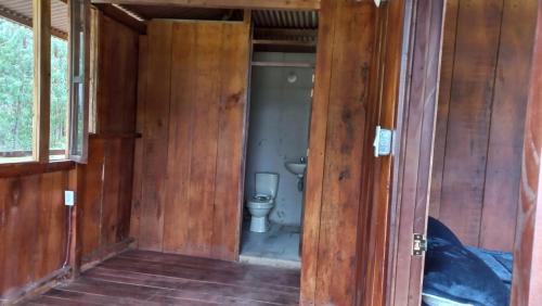 a bathroom with a toilet in a wooden house at glamping volvere san GabrieL 