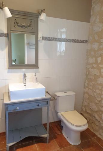 W łazience znajduje się umywalka, toaleta i lustro. w obiekcie Chambre d'hôte La Pierre w mieście Conne-de-Labarde