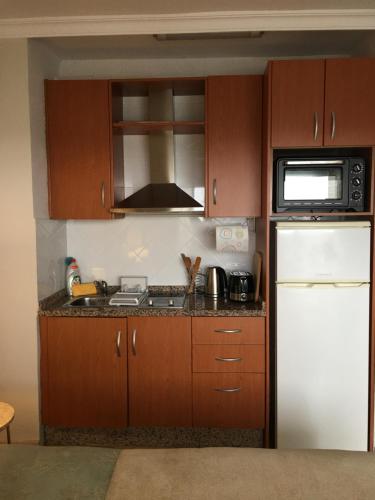 a kitchen with wooden cabinets and a white refrigerator at Las Palmas 3 in Marbella