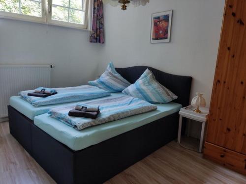 - une chambre avec 2 lits dotés d'oreillers bleus dans l'établissement FeWo 1 im ehemaligen Geschenkehaus, à Monschau