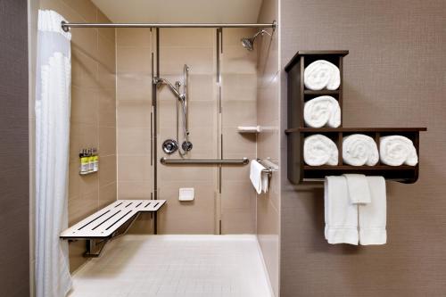 比林斯的住宿－比林斯智選假日酒店及套房，带淋浴、长凳和毛巾的浴室