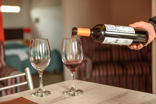 VIÑAS ALTAS في مايبو: شخص يصب زجاجة من النبيذ في كأسين من النبيذ