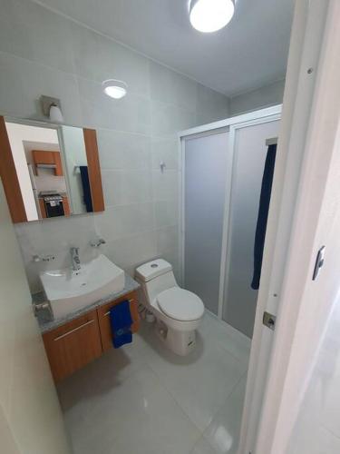 a bathroom with a toilet and a sink and a shower at Departamento de lujo en Manzanillo, planta baja frente a la alberca in Manzanillo