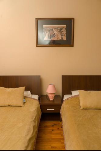 a room with two beds and a table with a lamp at Garni Hotel City in Kruševac