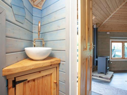 a bathroom with a sink on a wooden wall at Mallard Roundhouse - Uk33891 in Cullompton
