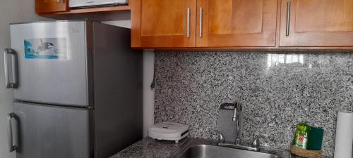 a small kitchen with a sink and a refrigerator at Residencial Palmas De Gurabo in Santiago de los Caballeros