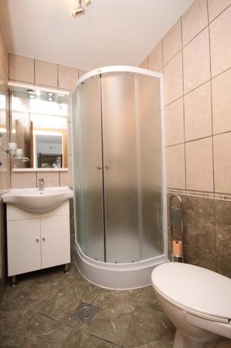 a bathroom with a shower and a toilet and a sink at Apartment Zavala 8774b in Jelsa