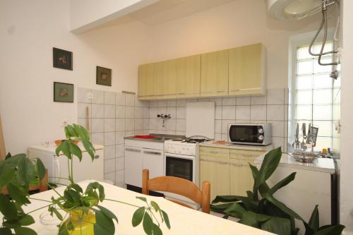 a kitchen with white appliances and a table with plants at Apartments by the sea Ugljan - 348 in Ugljan