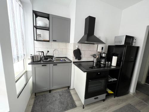 eine kleine Küche mit einer Spüle und einem schwarzen Kühlschrank in der Unterkunft E & N Apartments in Oberhausen