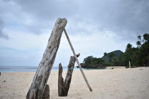 un trozo de madera sentado en la playa en Lorenza's Cottage 1 en Buruanga