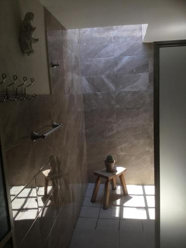 a bathroom with a shower with a table and a stool at La Casa de Ensueño in Guadalajara