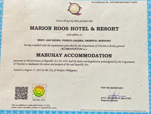 a rejection letter for a marion roros hotel and resort at Marion Roos Hotel in Puerto Galera